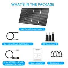 Ecosonique 60W Portable Foldable Solar Panels Charger Fast Charging with USB-C PD3.0 USB-A QC3.0 DC 18V Output ETFE Coating Waterproof for Camping Backpacking Power Station Cell Phones Power Banks